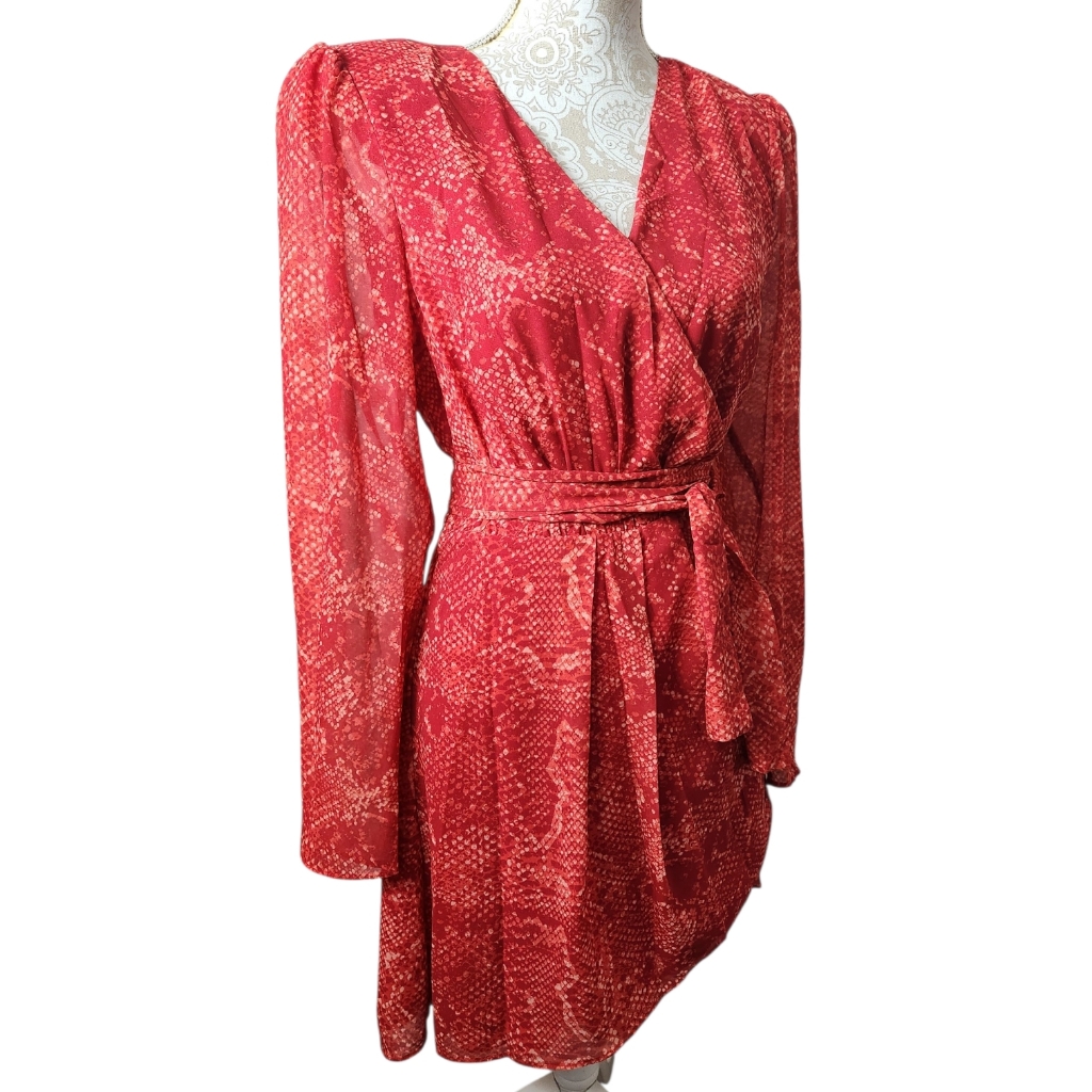 Nbd Structured Shoulder Fauna Wrap Party Dress Red Orange Snake Chiffon Size L